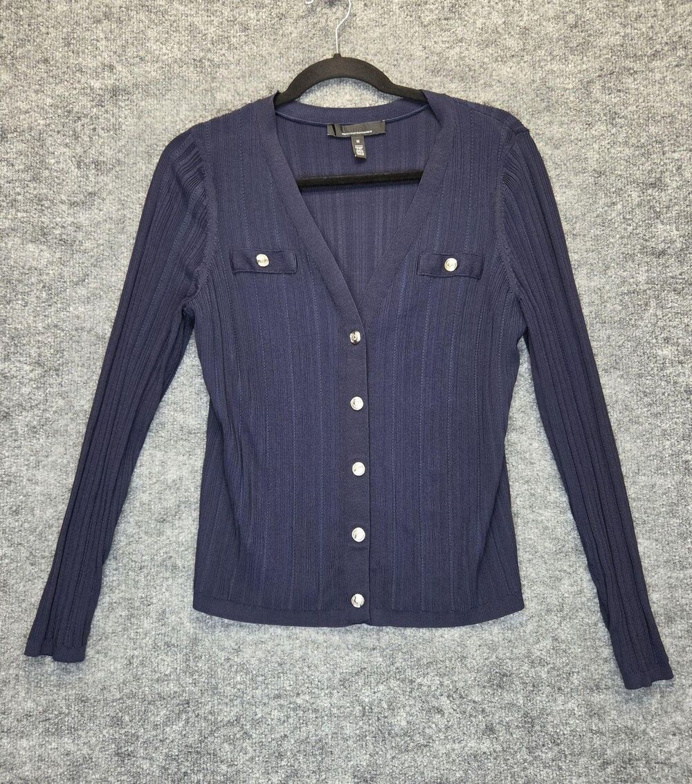 White House Black Market Sweater Womens Medium Blue Ribbed Button Cardigan